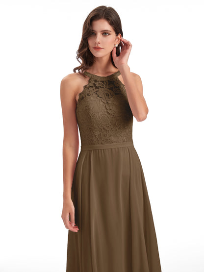 Avery Halter Illusion Lace Long Bridesmaid Dresses