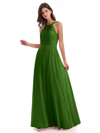Avery Halter Illusion Lace Long Bridesmaid Dresses