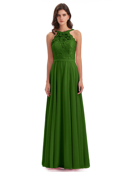 Avery Halter Illusion Lace Long Bridesmaid Dresses