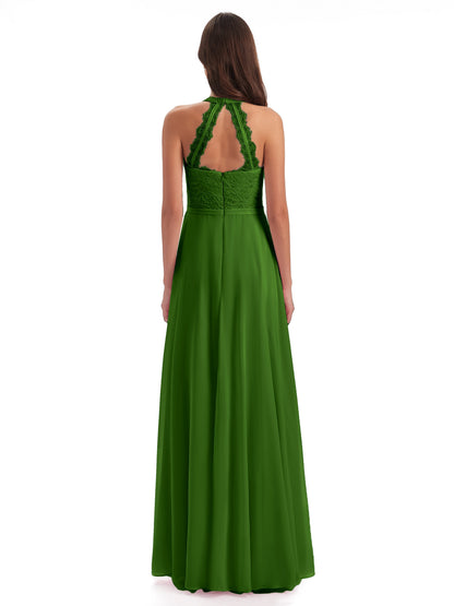 Avery Halter Illusion Lace Long Bridesmaid Dresses