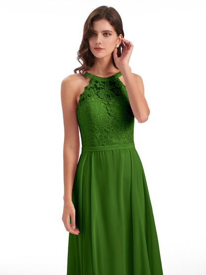Avery Halter Illusion Lace Long Bridesmaid Dresses