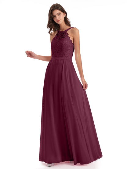 Avery Halter Illusion Lace Long Bridesmaid Dresses