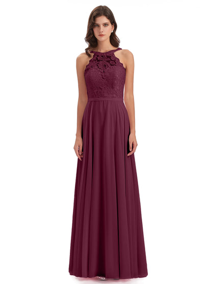 Avery Halter Illusion Lace Long Bridesmaid Dresses