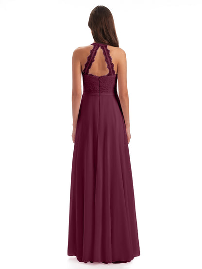 Avery Halter Illusion Lace Long Bridesmaid Dresses