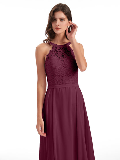 Avery Halter Illusion Lace Long Bridesmaid Dresses