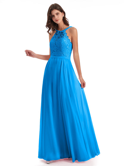 Avery Halter Illusion Lace Long Bridesmaid Dresses