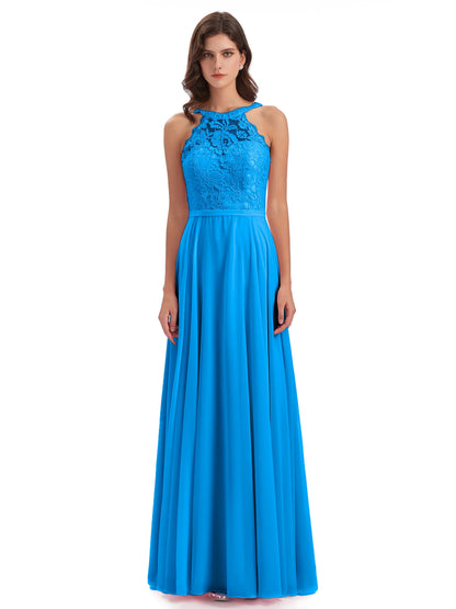 Avery Halter Illusion Lace Long Bridesmaid Dresses