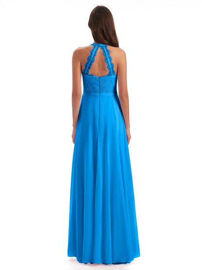 Avery Halter Illusion Lace Long Bridesmaid Dresses