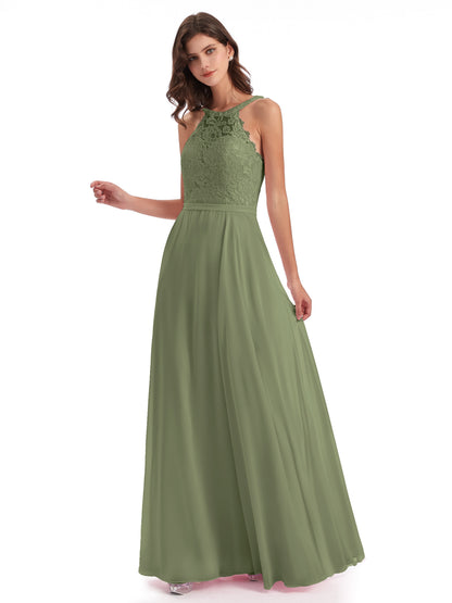 Avery Halter Illusion Lace Long Bridesmaid Dresses