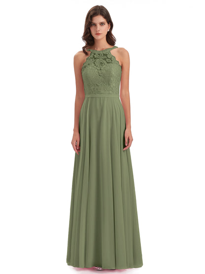 Avery Halter Illusion Lace Long Bridesmaid Dresses