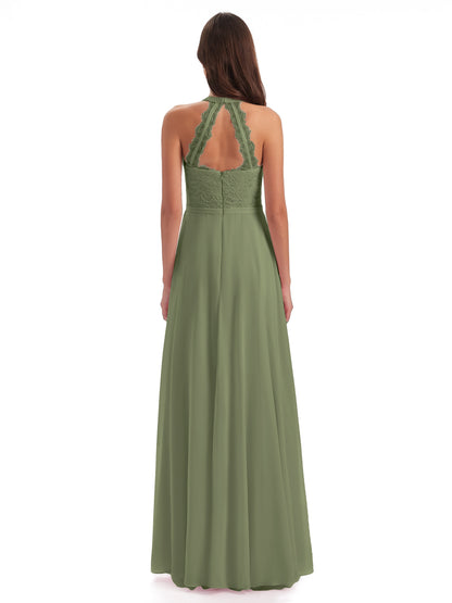 Avery Halter Illusion Lace Long Bridesmaid Dresses