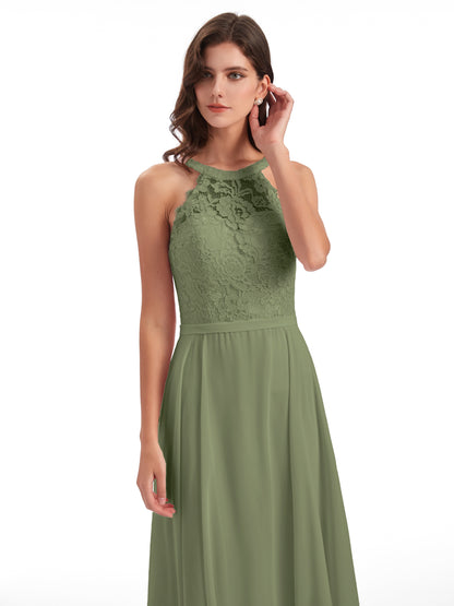 Avery Halter Illusion Lace Long Bridesmaid Dresses