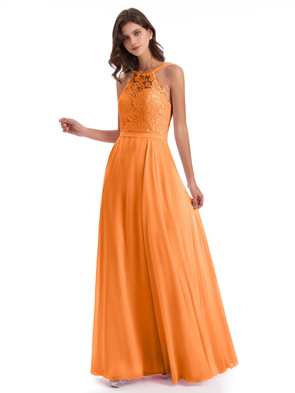 Avery Halter Illusion Lace Long Bridesmaid Dresses