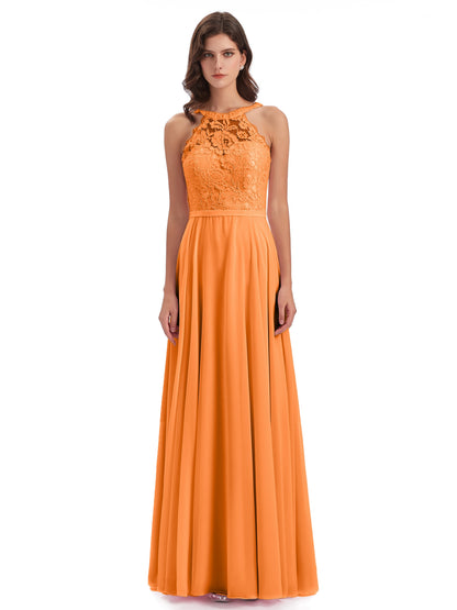 Avery Halter Illusion Lace Long Bridesmaid Dresses