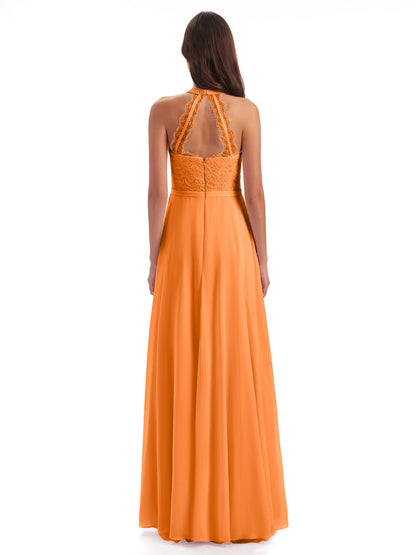 Avery Halter Illusion Lace Long Bridesmaid Dresses