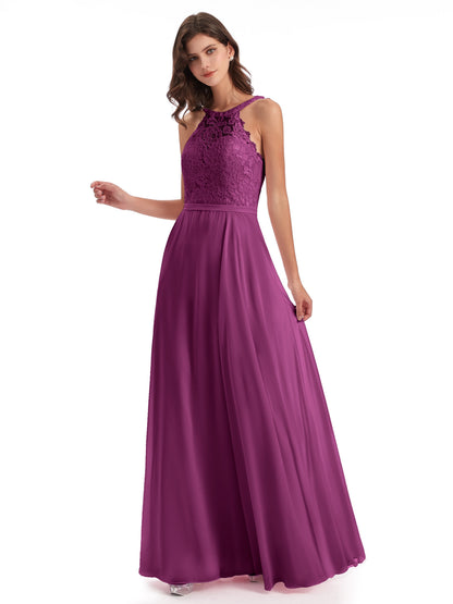 Avery Halter Illusion Lace Long Bridesmaid Dresses