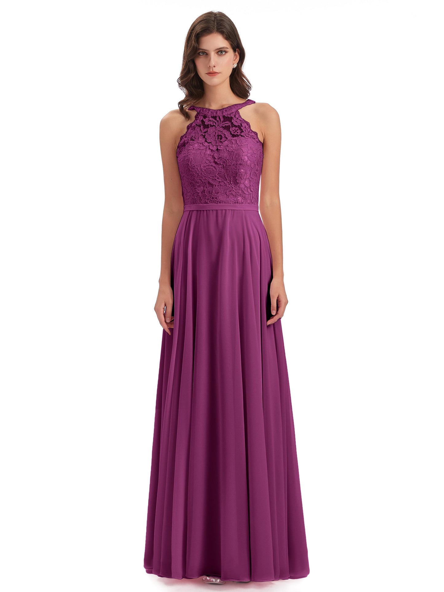 Avery Halter Illusion Lace Long Bridesmaid Dresses