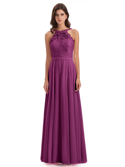 Avery Halter Illusion Lace Long Bridesmaid Dresses
