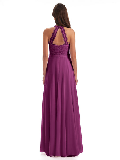 Avery Halter Illusion Lace Long Bridesmaid Dresses