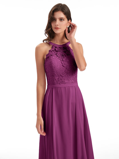 Avery Halter Illusion Lace Long Bridesmaid Dresses