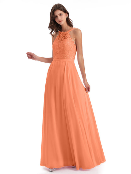 Avery Halter Illusion Lace Long Bridesmaid Dresses