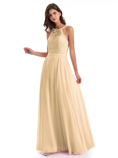 Avery Halter Illusion Lace Long Bridesmaid Dresses
