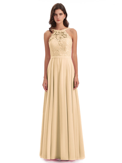 Avery Halter Illusion Lace Long Bridesmaid Dresses