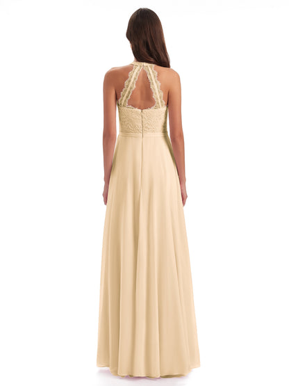 Avery Halter Illusion Lace Long Bridesmaid Dresses