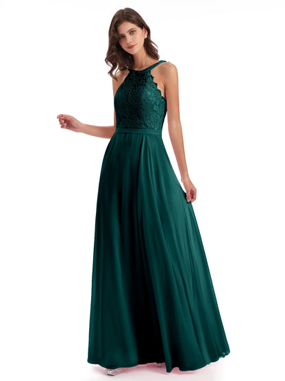 Avery Halter Illusion Lace Long Bridesmaid Dresses
