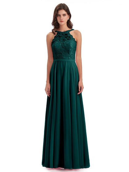 Avery Halter Illusion Lace Long Bridesmaid Dresses