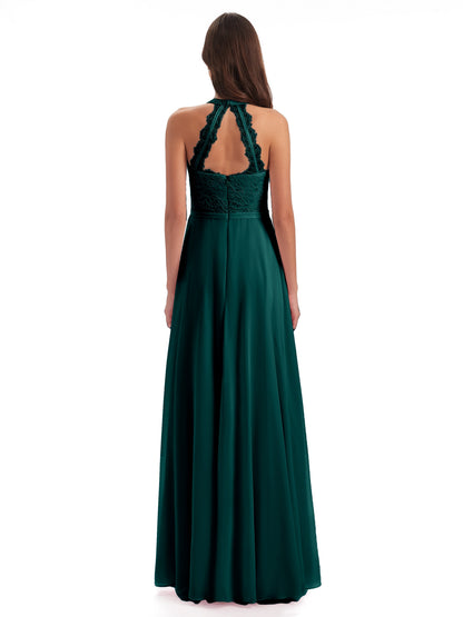 Avery Halter Illusion Lace Long Bridesmaid Dresses