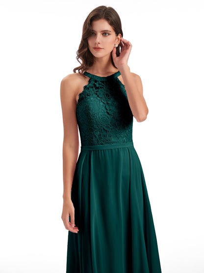 Avery Halter Illusion Lace Long Bridesmaid Dresses