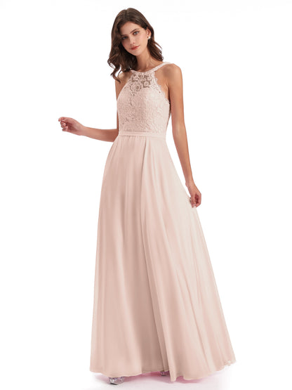Avery Halter Illusion Lace Long Bridesmaid Dresses