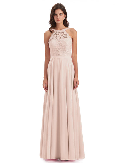 Avery Halter Illusion Lace Long Bridesmaid Dresses