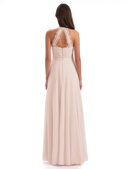 Avery Halter Illusion Lace Long Bridesmaid Dresses