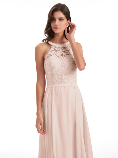 Avery Halter Illusion Lace Long Bridesmaid Dresses