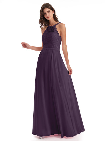 Avery Halter Illusion Lace Long Bridesmaid Dresses