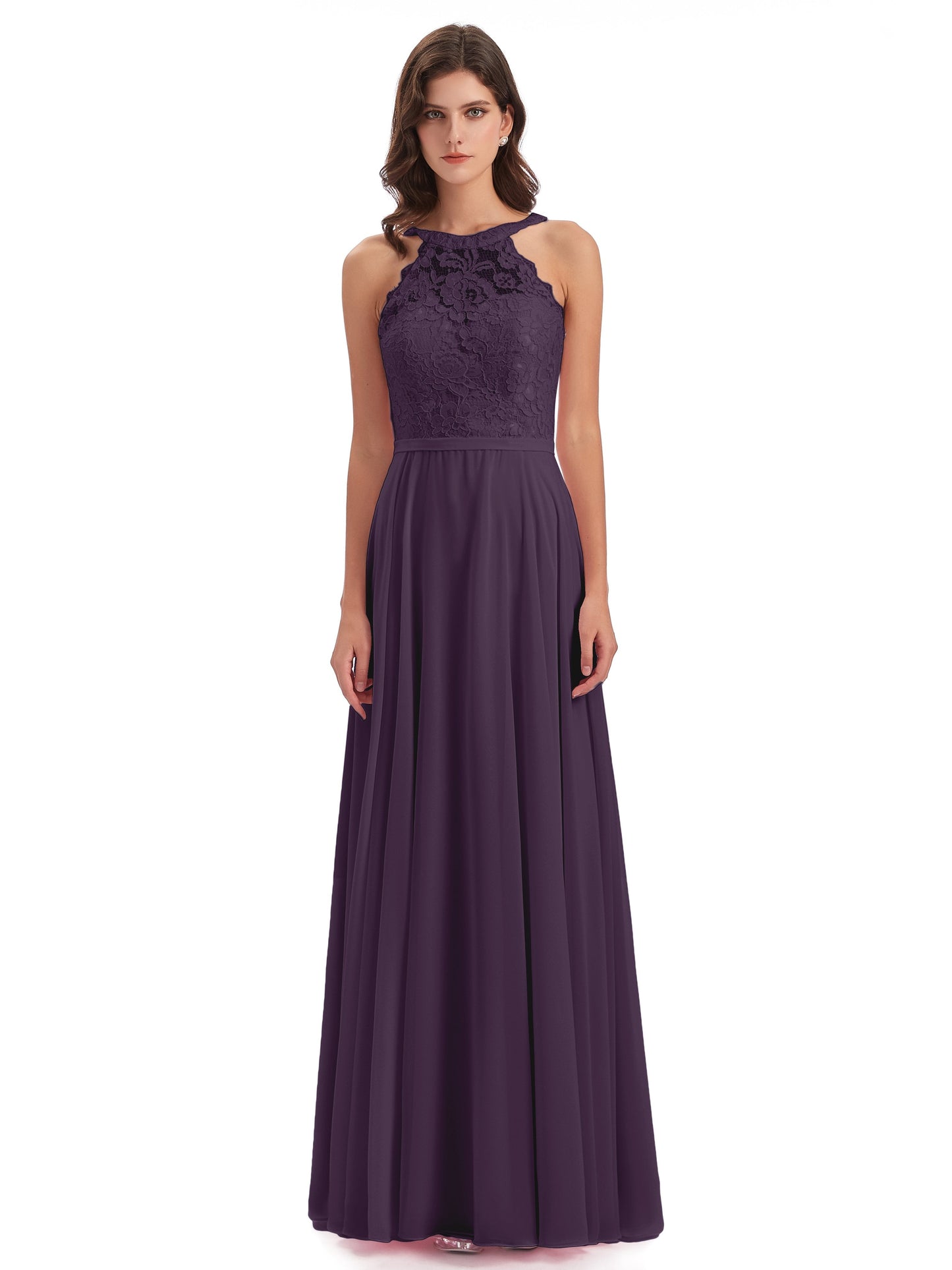 Avery Halter Illusion Lace Long Bridesmaid Dresses