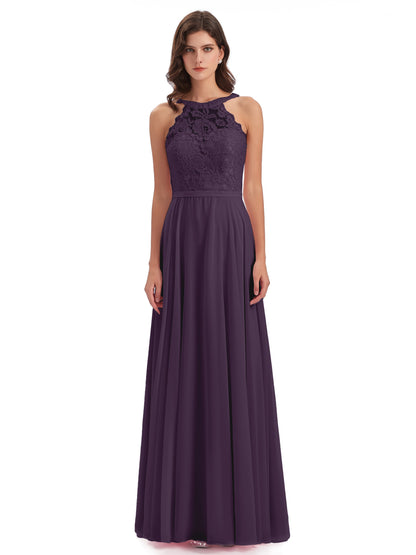 Avery Halter Illusion Lace Long Bridesmaid Dresses