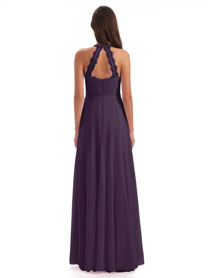 Avery Halter Illusion Lace Long Bridesmaid Dresses