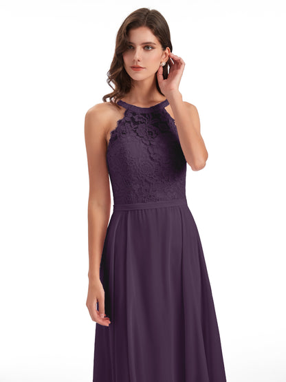 Avery Halter Illusion Lace Long Bridesmaid Dresses