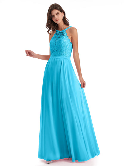 Avery Halter Illusion Lace Long Bridesmaid Dresses