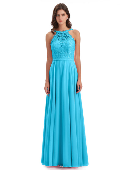 Avery Halter Illusion Lace Long Bridesmaid Dresses