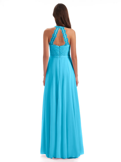 Avery Halter Illusion Lace Long Bridesmaid Dresses