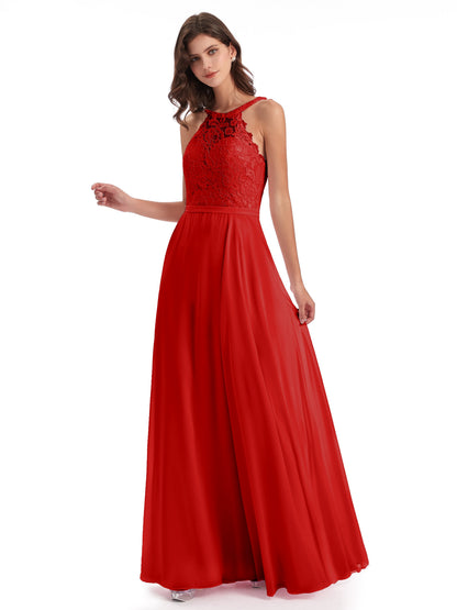 Avery Halter Illusion Lace Long Bridesmaid Dresses