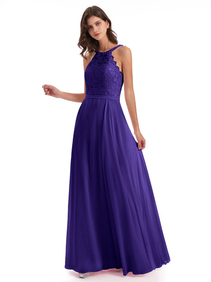 Avery Halter Illusion Lace Long Bridesmaid Dresses