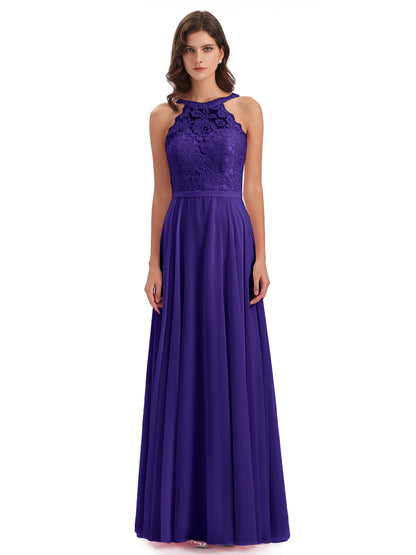 Avery Halter Illusion Lace Long Bridesmaid Dresses