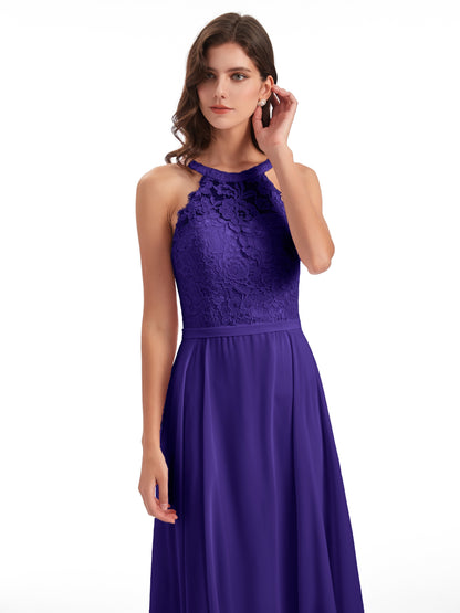 Avery Halter Illusion Lace Long Bridesmaid Dresses