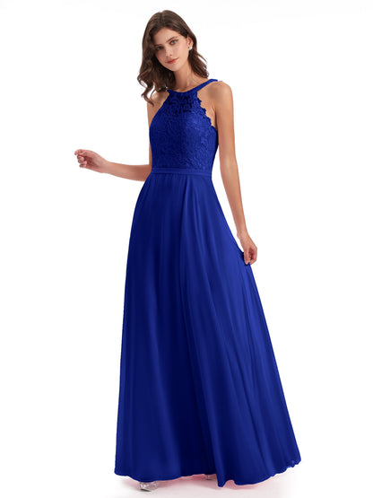 Avery Halter Illusion Lace Long Bridesmaid Dresses