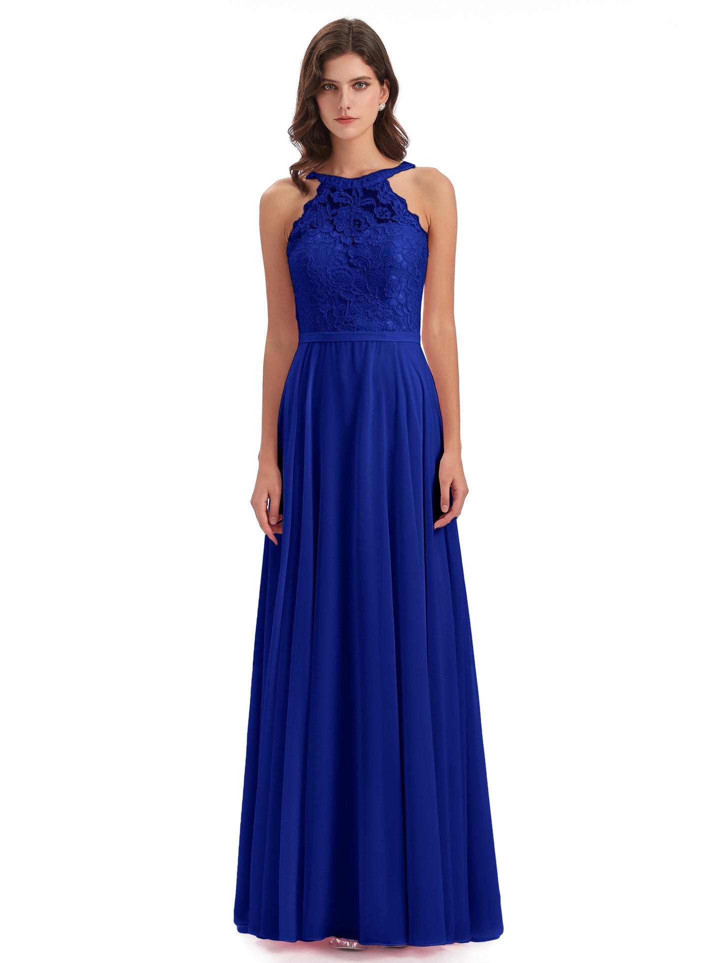 Avery Halter Illusion Lace Long Bridesmaid Dresses